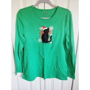 Mercer Street Studios L Vintage Black Cat Christmas Top Green Tartan‎ Crystals